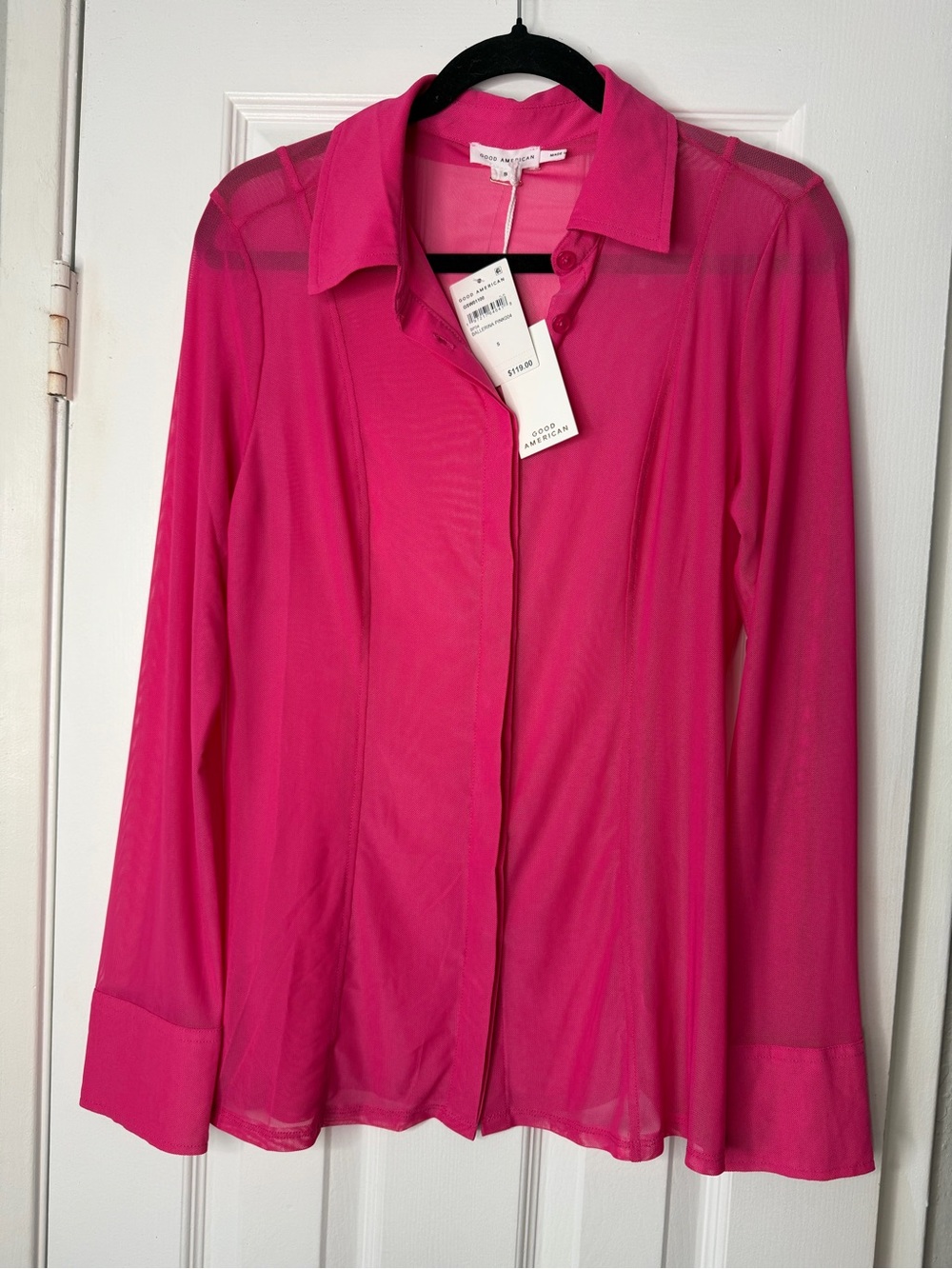 Good American Sheer Button-Down Shirt in Bright Pink